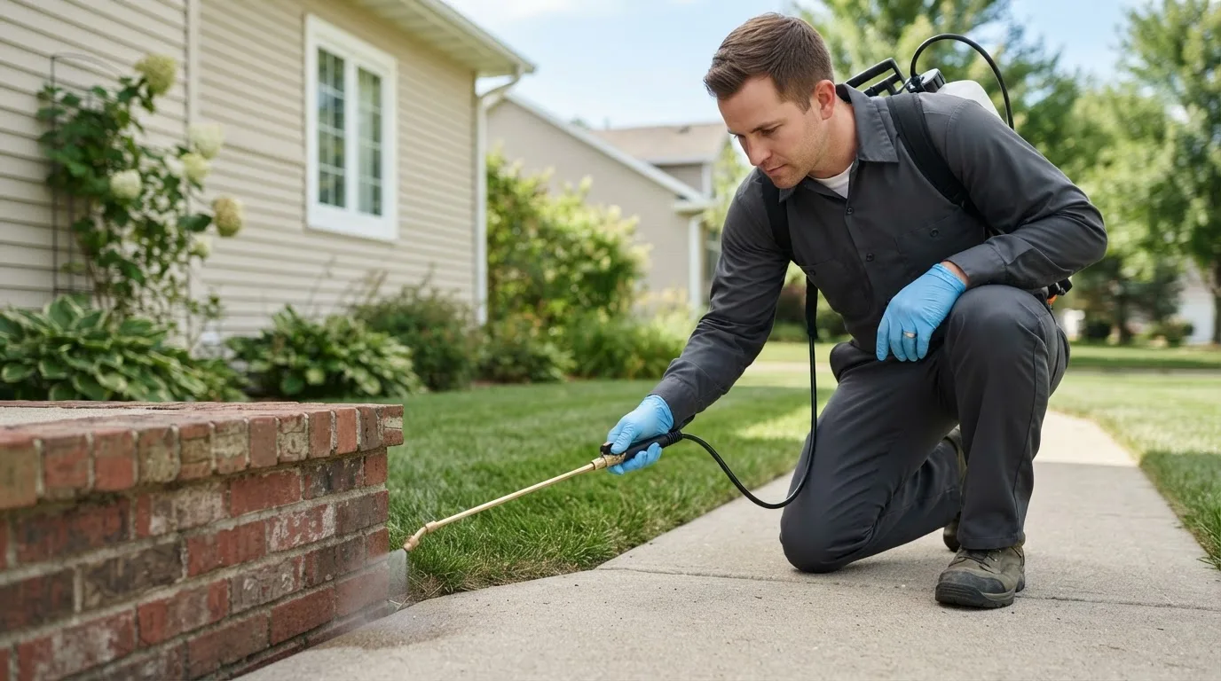 Pest control technician treating a home near Lowgap, NC